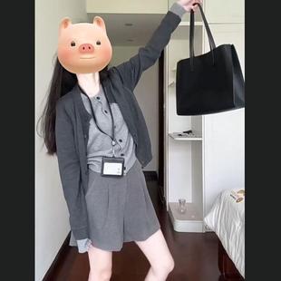 衣外套女秋圆领百搭设计感撞色时尚 0000衣灰色假两织件针开衫 毛季