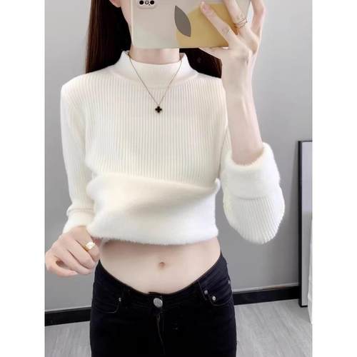 半高领加2绒毛衣女厚织保暖一体绒205秋冬新款内搭修身针GMS加打