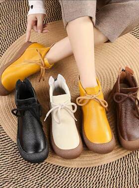 头层牛皮平底防撞圆头高帮皮靴短靴软底25662