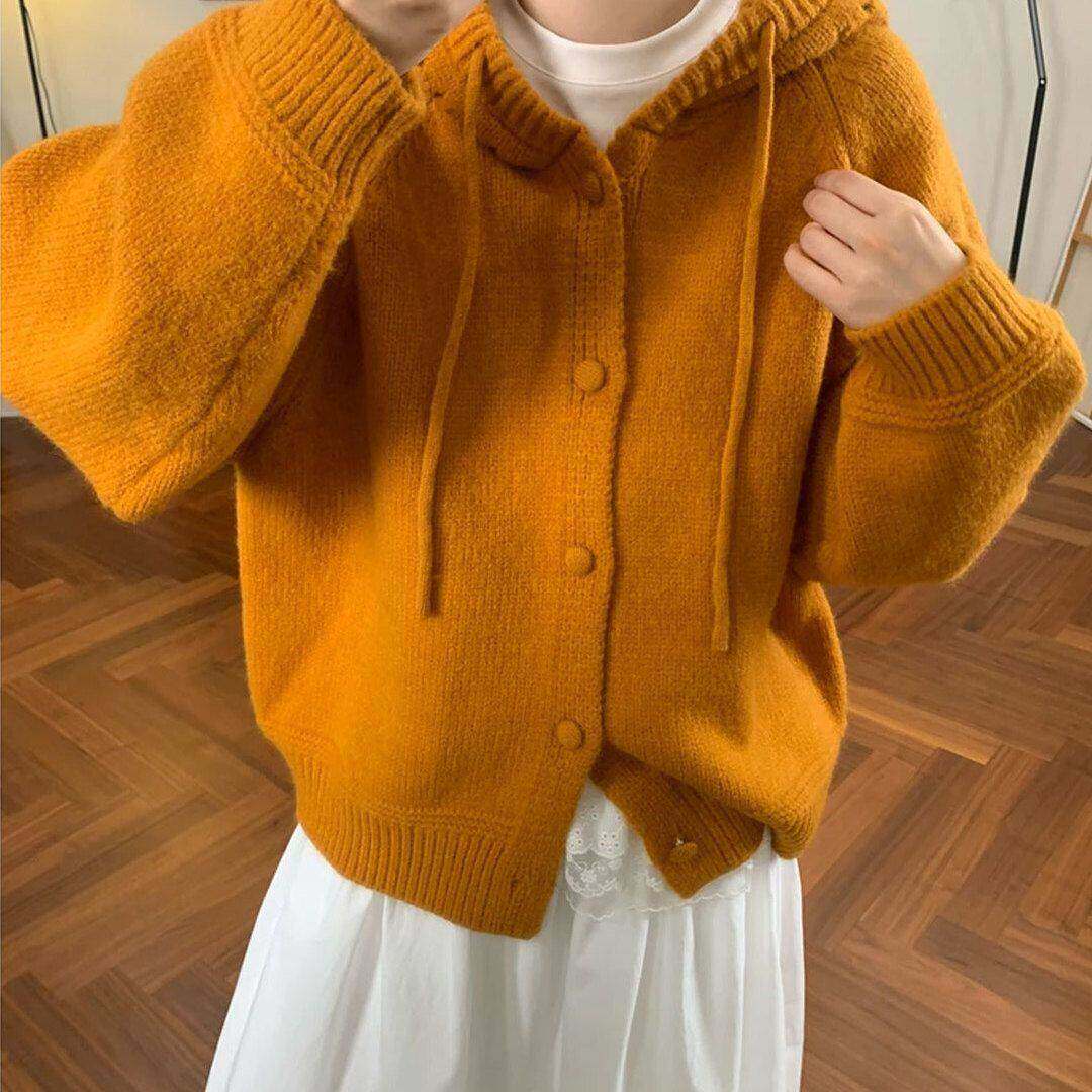 韩系复古南瓜橘色连帽毛衣外套女秋冬宽松慵懒高级感粗线针织开衫