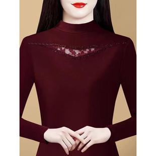 安可拉红蕾丝镂空德绒半高领打底衫女秋冬内搭可外穿妈妈保暖上衣