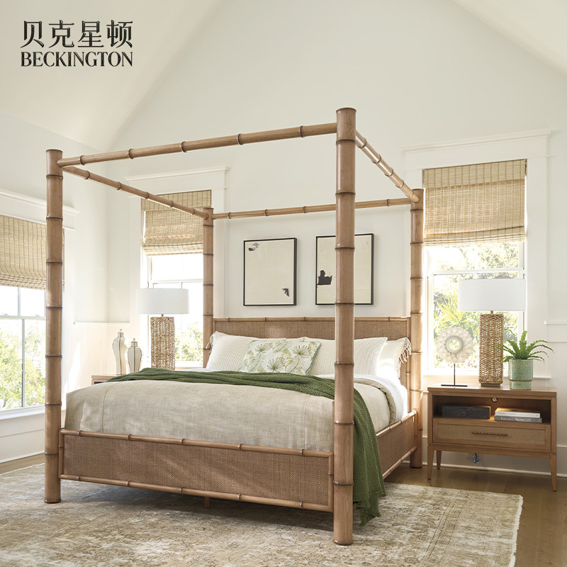 东南亚海岛度假风实木仿古竹子床美式乡村休闲风1.8米藤编床定制