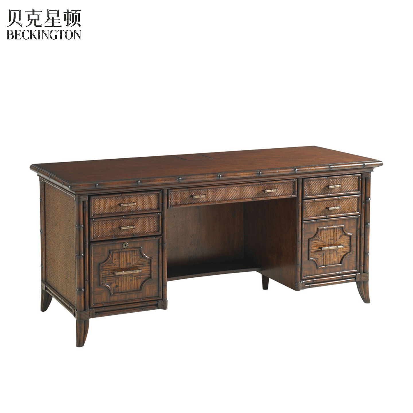 美式复古藤编实木书桌家用书房轻奢总裁办公老板桌写字台电脑桌椅