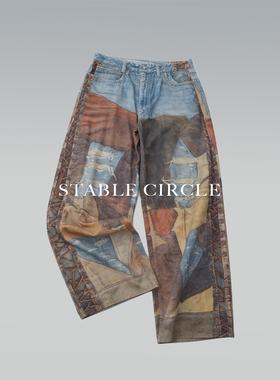 STABLE CIRCLE 25ss 做旧古布拼接3d活性数码直喷baggy阔腿牛仔裤