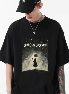 CHARLIES LUCKYNO守护猫潮牌喷绘黑色宽松男女情侣纯棉短袖T恤服