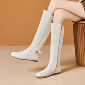 长筒靴女新款 圆头平底米白色长靴真皮高筒靴女靴显腿长大码 女靴子