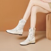 平底洞洞短靴子欧美镂空真皮中筒靴女白色内增高百搭透气西部凉靴