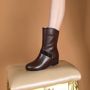 全牛皮中筒靴女2025年秋冬新款真皮马丁靴平底内增高靴子棕色短靴
