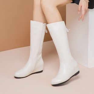 真皮高筒靴女冬新款白色女靴中长靴子圆头中筒靴平底内增高长筒靴