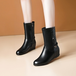 短靴女2025年秋冬新款全牛皮靴子圆头平底内增高女靴马丁靴中筒靴