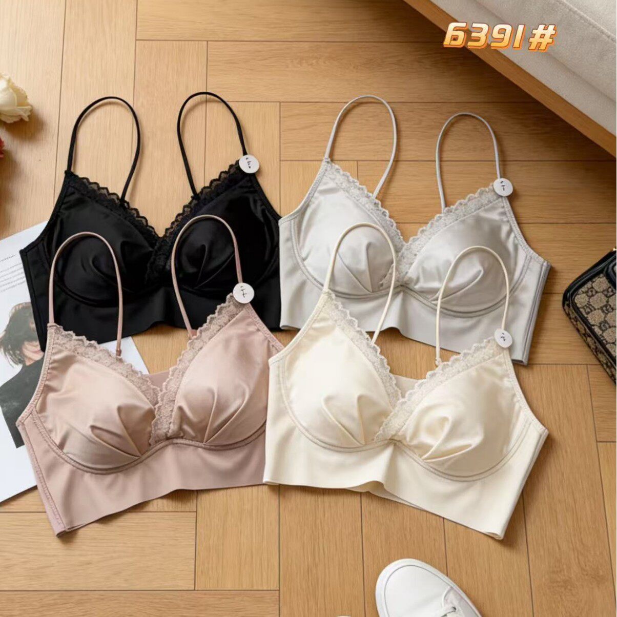 新品法式蕾丝吊带V领美背内衣无钢圈文胸罩女聚拢美无痕舒适抹胸