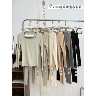 秋冬新款羊绒蛋白磨毛保暖内衣套装女紧身方领无痕自发热秋衣秋裤