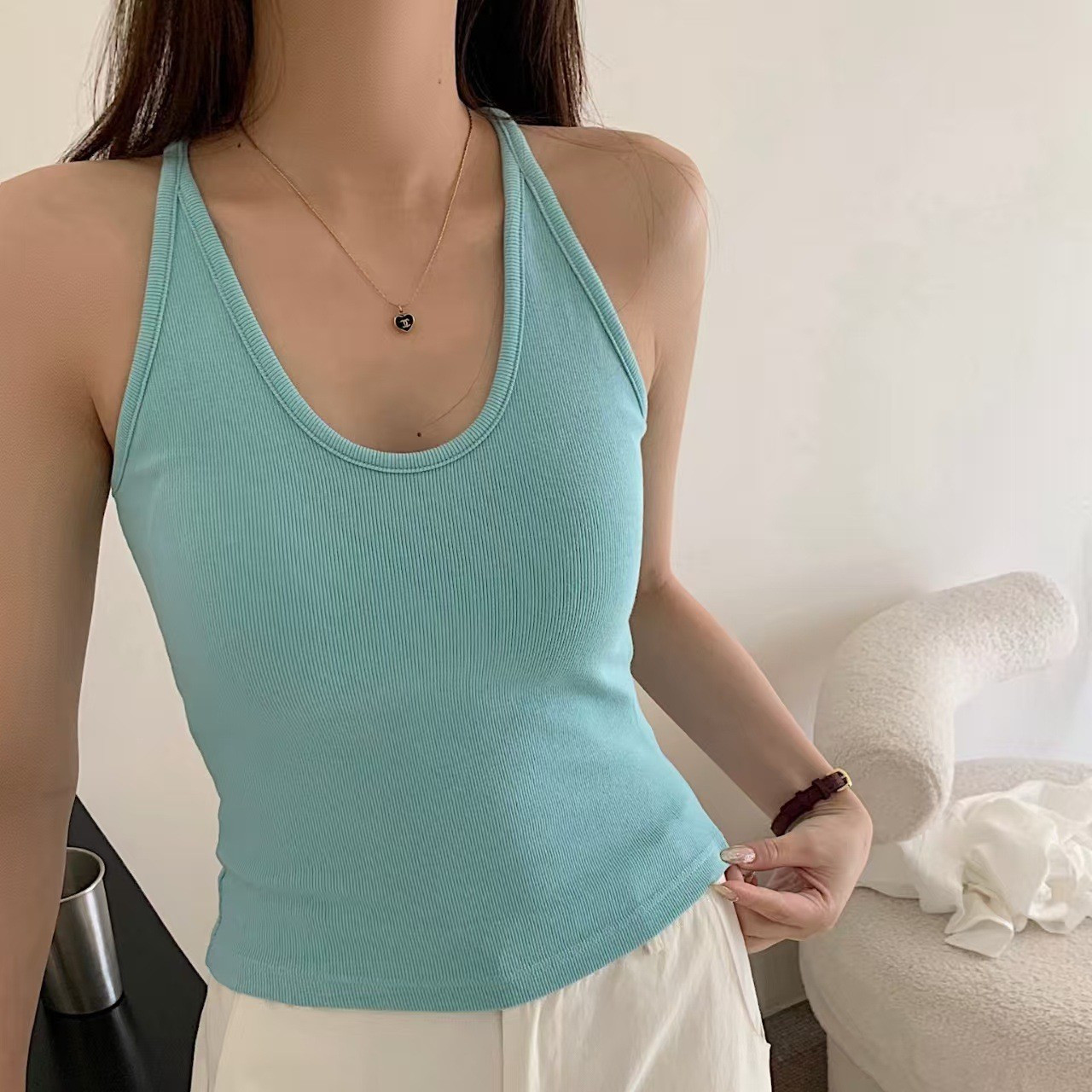 588-1美背外穿挂脖带胸垫吊带背心法式性感美背修身内搭外穿上衣