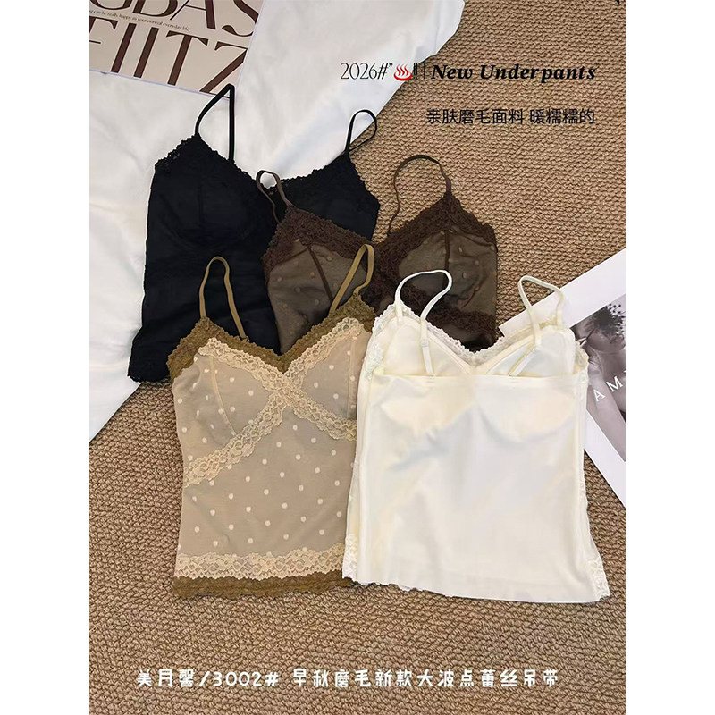 新款蕾丝波点吊带背心女士带胸垫一体式内搭打底美背内衣纯色薄款