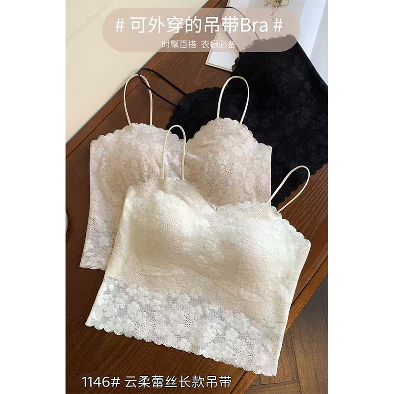 性感蕾丝吊带背心女带胸垫免穿文胸薄款后背镂空美背女士半固定杯