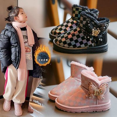 女童雪地靴皮面保暖棉鞋2025冬季新款防滑加厚大棉鞋防水男童靴子