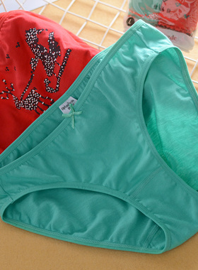 优品位100%全棉简约女生舒适低腰圣诞麋鹿青红色卡通纯棉女士内裤