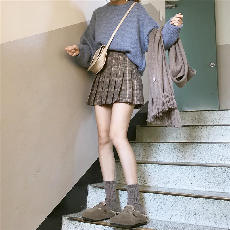 2018Çﶬº«¹úÅ®×°chic¿íËÉÌ×ͷëÒÂ+¸ñÎÆ¼Óºñ°ÙñÞ°ëÉíȹÁ½¼þÌ××°