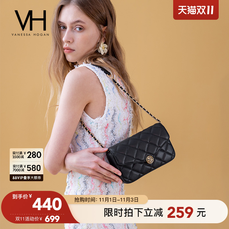 VH女包山茶花方包质感百搭菱格包包时尚腋下单肩包通勤牛皮斜挎包