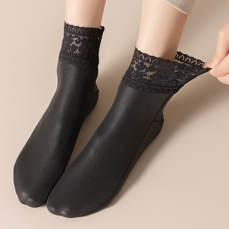 香水味热皮蕾丝花边加绒PU皮袜女
