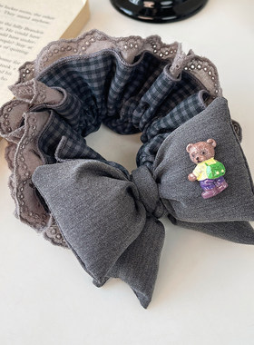 韩系复古灰色格子蝴蝶结蕾丝大肠发圈女超大丸子头低马尾头绳头饰