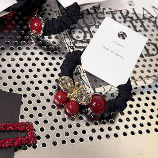 网红新款红色蝴蝶镶钻发圈头绳女高级感扎头花高弹力马尾发绳皮筋