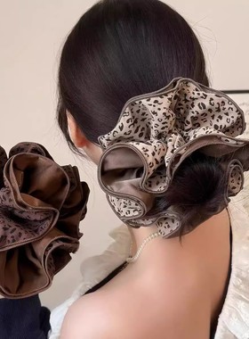 秋冬慵懒时尚气质超大号豹纹大肠发圈高级感低丸子头扎头发头绳女
