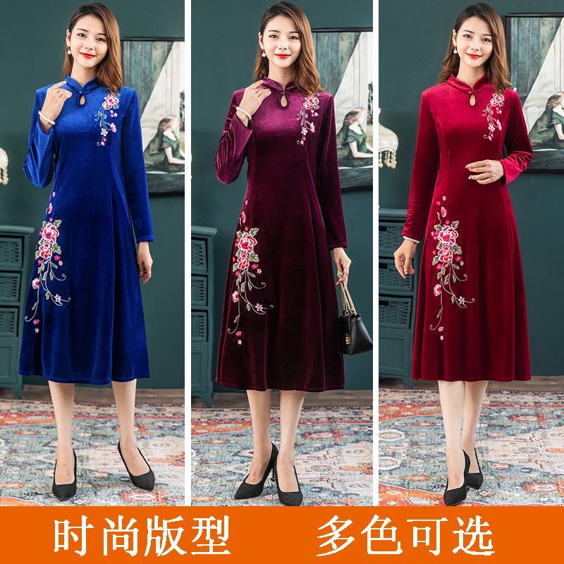 秋冬季妈妈装中国风复古旗袍裙中长款金丝绒刺绣大摆连衣裙