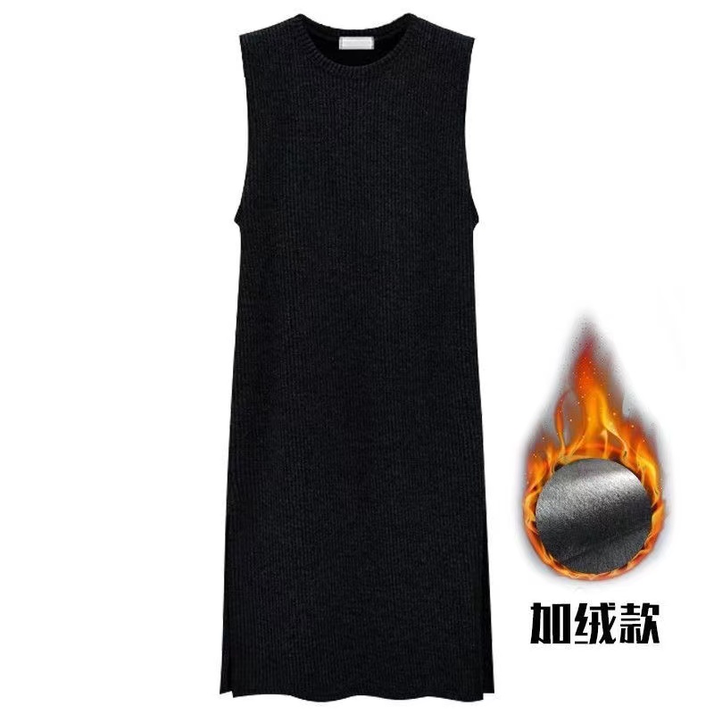 秋冬季纯色简约无袖外穿连衣裙宽松显瘦立领开叉女打底背心中长裙