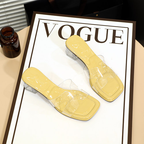 仙女风透明水晶跟一字方头凉拖鞋
