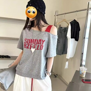 显瘦斜领ins上衣休闲百搭时尚 短袖 露肩性感修身 t恤女夏季 潮流 新款
