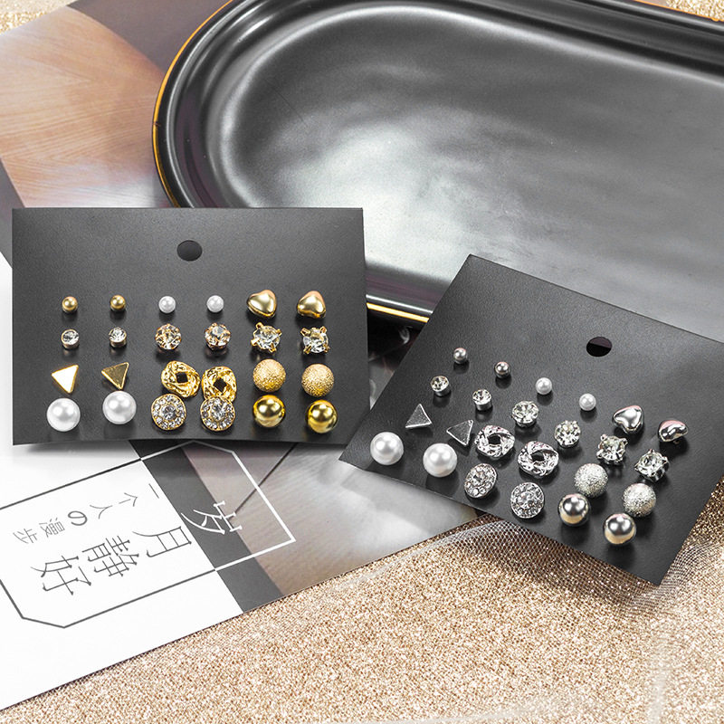 新款韩版12对爱心三角方形锆石耳钉套装桃心镶钻耳环卡装多对个性