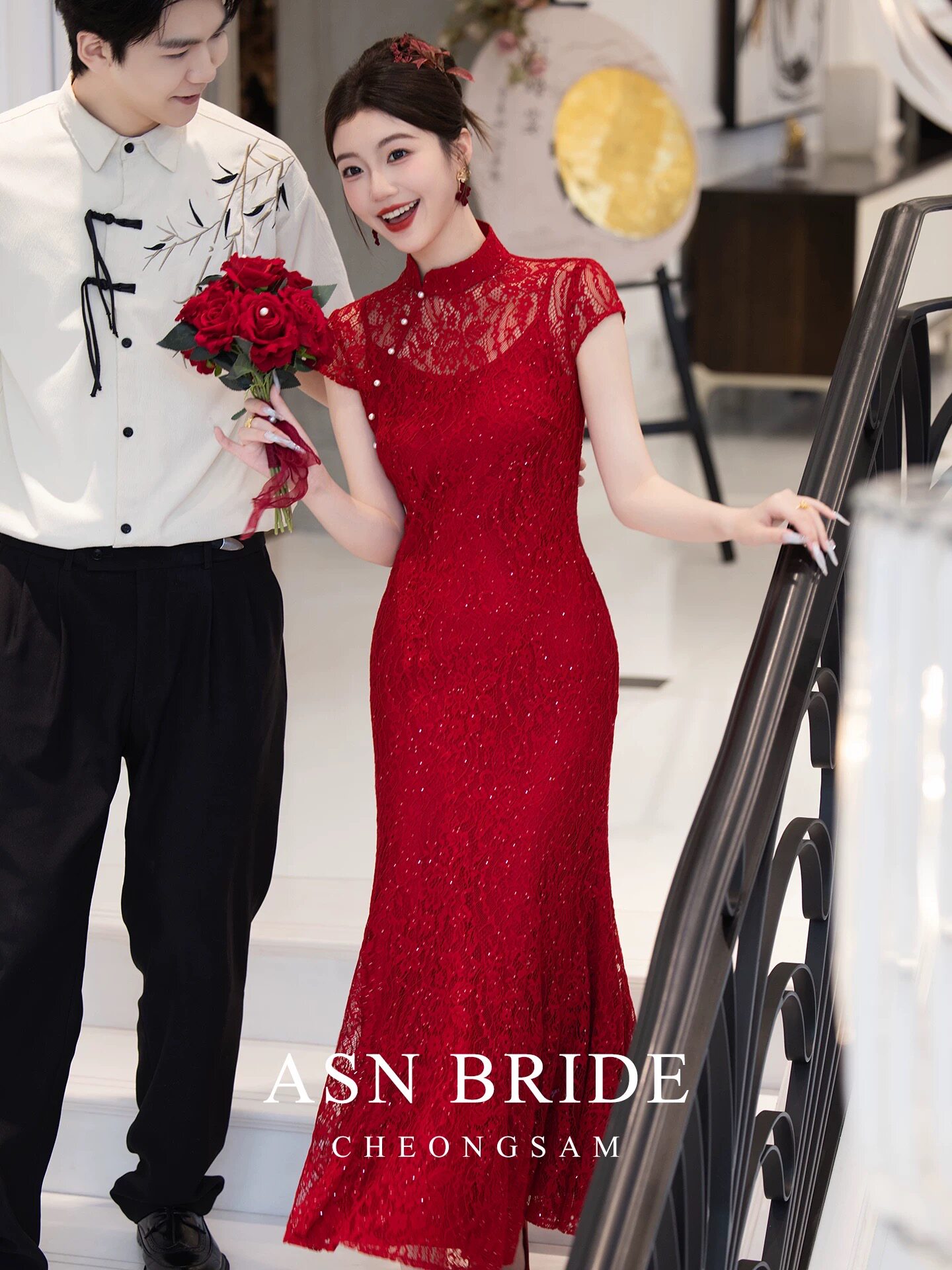 出租艾诗霓2026新款新娘结婚订婚敬酒服红色蕾丝长款鱼尾旗袍礼服