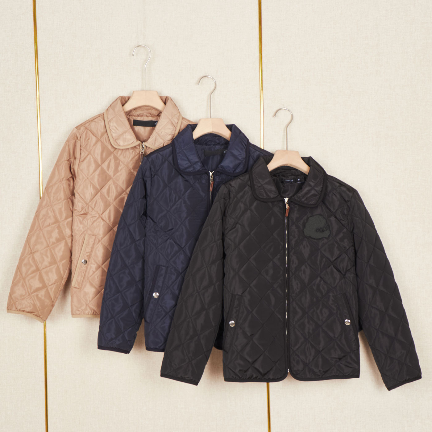 休闲菱格绗缝翻领短款保暖棉服