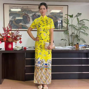 断码 走秀演出旗袍 衣长140醋酸锻双层内衬定位印花长款