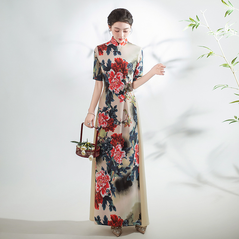 奥黛旗袍长款新款复古T台走秀演出连衣裙端庄大气大码显瘦