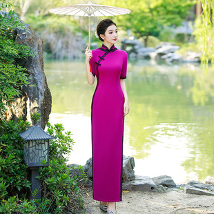 玫红色走秀旗袍2025新款 复古显瘦高端宴会长裙学生艺考演出旗袍裙