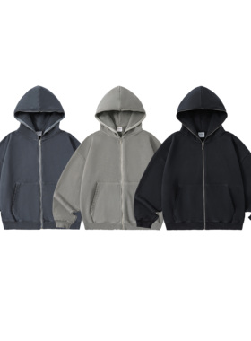 Anniehall23fw 蜡染不均匀染色水洗破坏通拉链boxy短宽卫衣