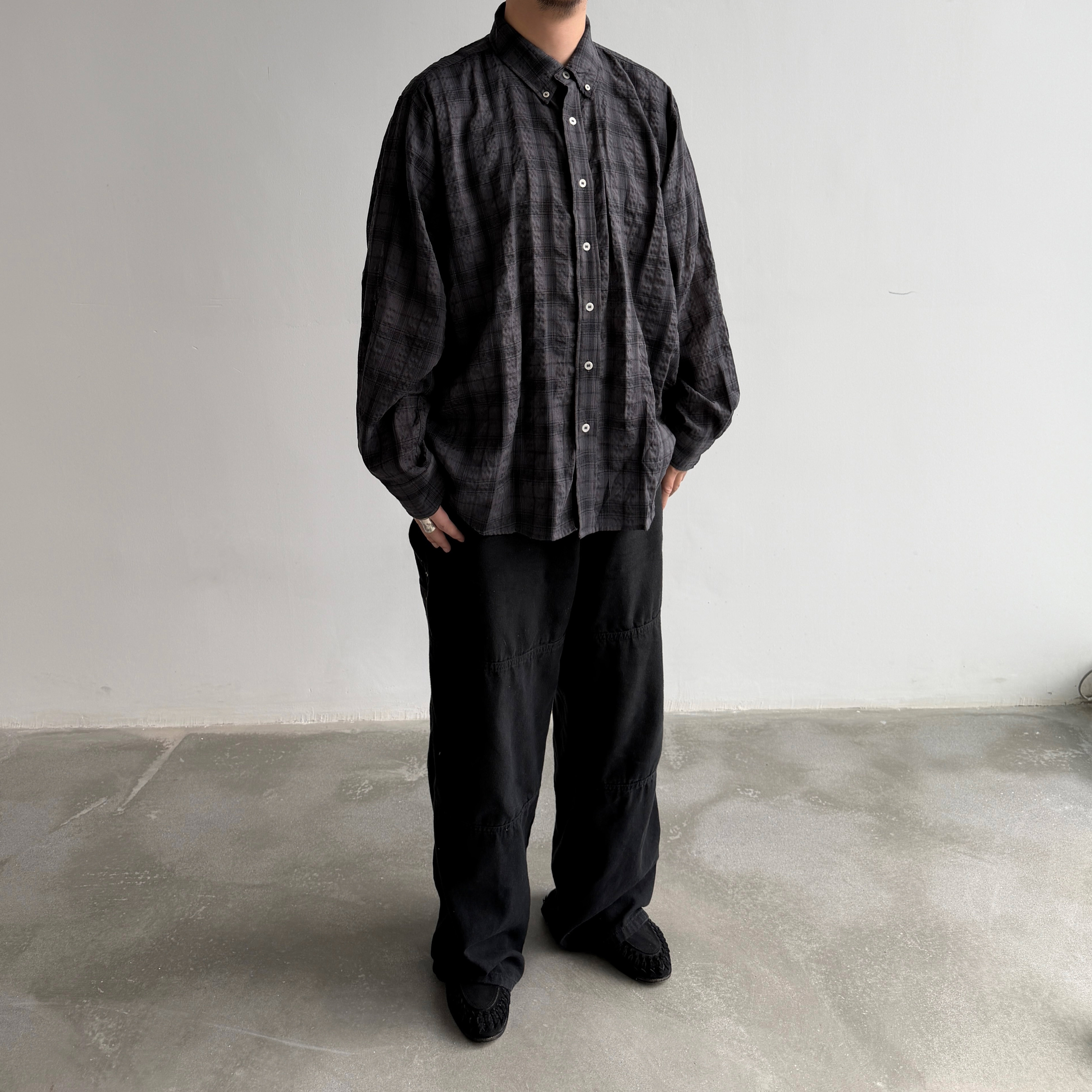 麻感棉混纺暗黑廓形格子衬衫