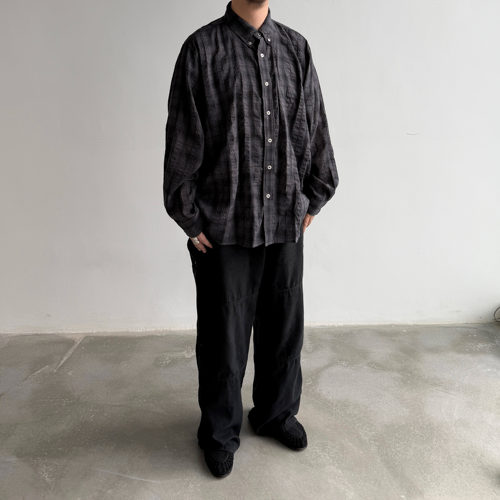麻感棉混纺暗黑廓形格子衬衫