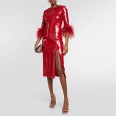 晚礼服高级感亮片中长裙红色鸵鸟毛年会小礼服舞台演出服独唱女生