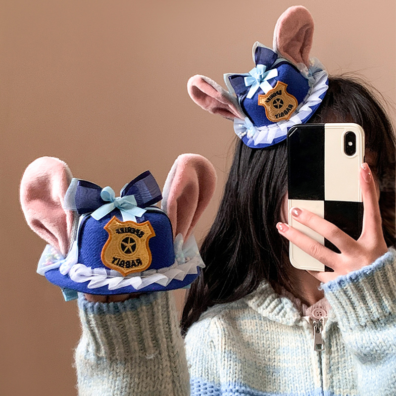 可爱朱迪兔子警官毛绒帽子发夹女侧边游乐园生日cos拍照道具头饰