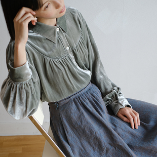 秋冬 衬衫 华丽光泽感 真丝丝绒长袖 灰蓝绿 Mannee慢呢