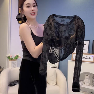 女2025年春秋新款 植绒打底衫 透感蕾丝黑色上衣 圆领长袖 复古新中式