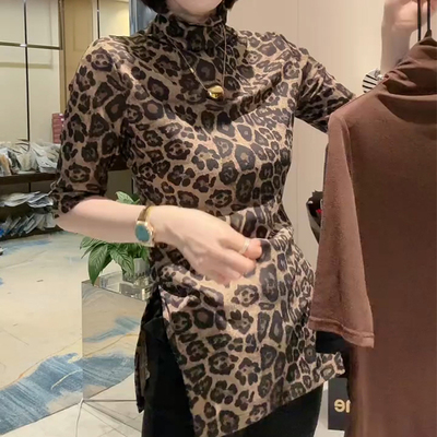 欧货高领纯棉T想女短袖开叉