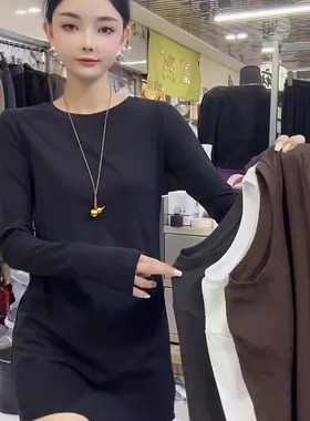 欧货2025年春秋新款中长款纯棉长袖T恤女宽松遮臀上衣黑色打底衫t