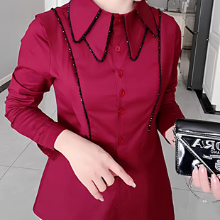 2026春秋重工穿珠弹力长袖衬衫女士气质显瘦高级感修身红色衬衣