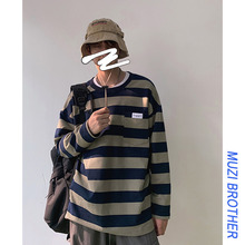潮流ins港风小清新拼接撞色卫衣 t恤男秋冬新品 木子小哥 条纹长袖