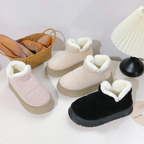 蓓尔保暖皮毛一体雪地靴冬季女款2024新款加绒加厚防滑棉鞋B2003