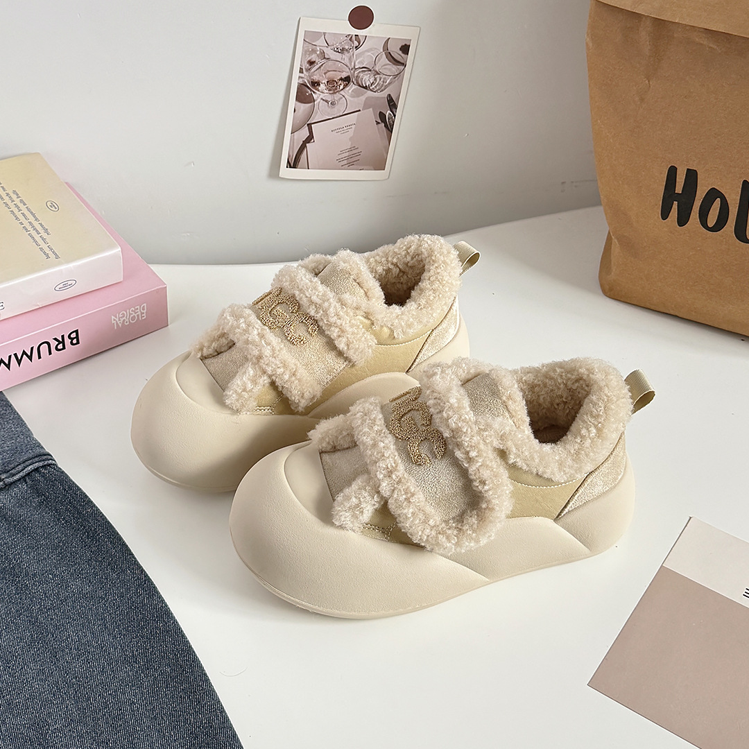韩版大头面包冬季魔术贴板鞋加绒羊羔毛鞋懒人一脚蹬女鞋XY-A711
